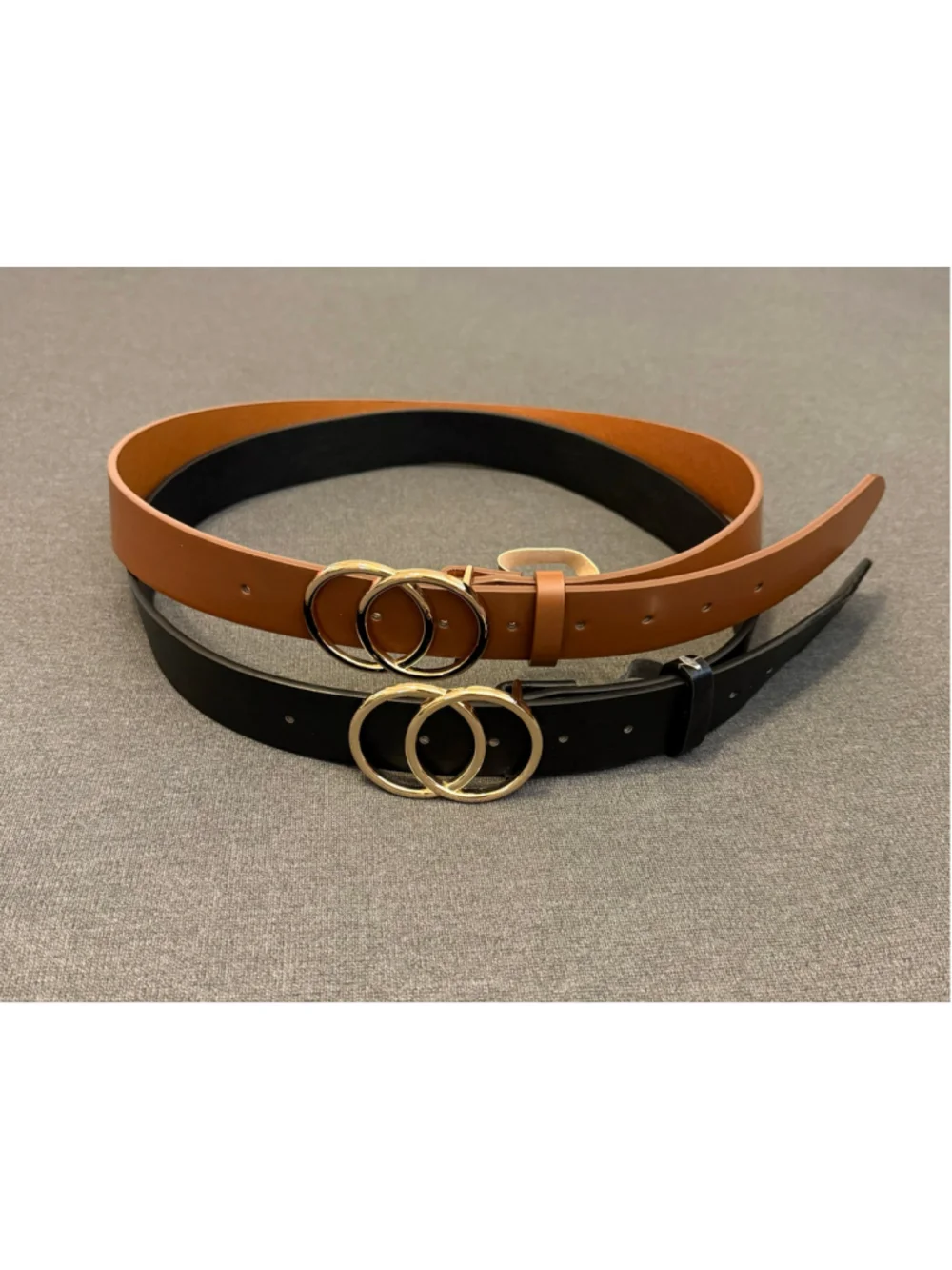 2 faux leather belts distinctive gold-toned double O-ring buckle black brown